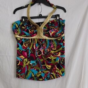 Bisou Bisou Multicolor Halter Blouse with Gold Accents